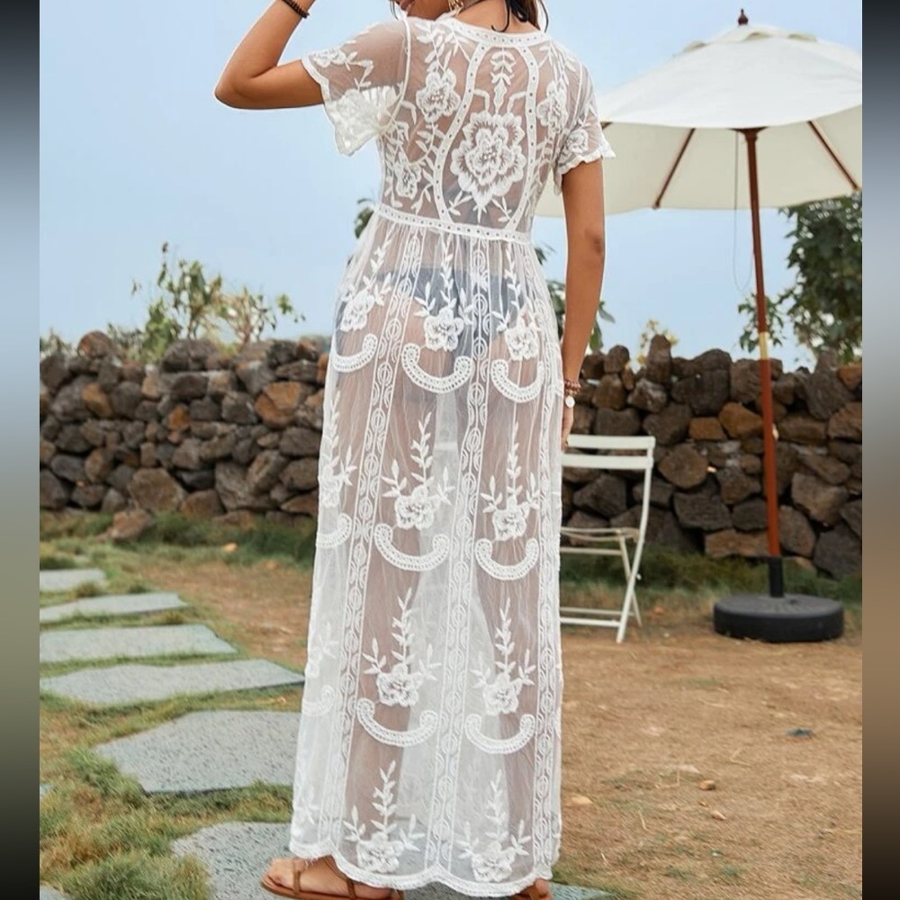 Black Boho Floral Lace Sheer Mesh Cover Up One Size - Picture 7 of 13